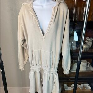 Free People Beach Hoodie Romper Beige Small Hooded Cinch Waist 100% Cotton